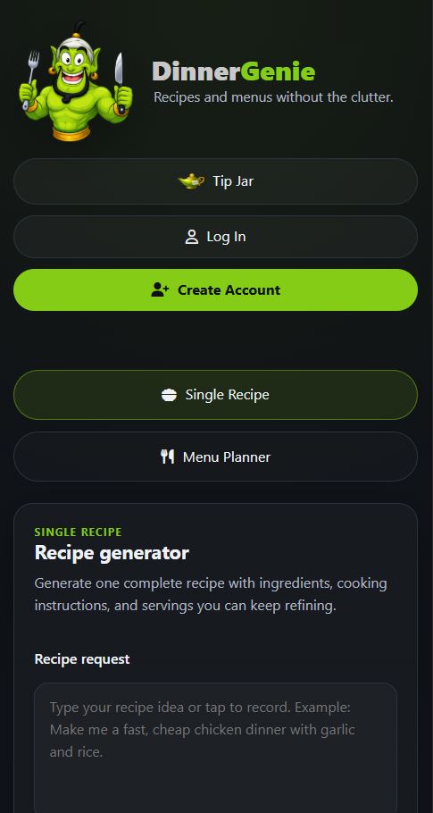 Dinner Genie recipe generator screenshot