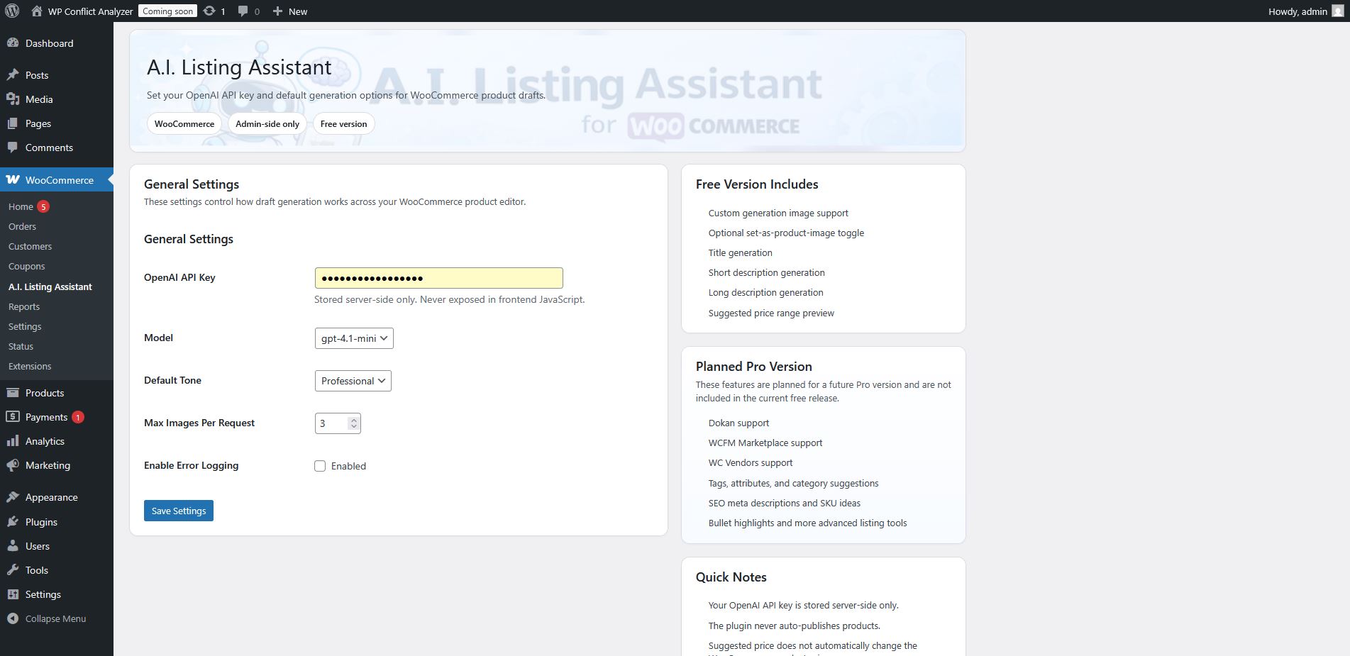 A.I. Listing Assistant plugin screenshot