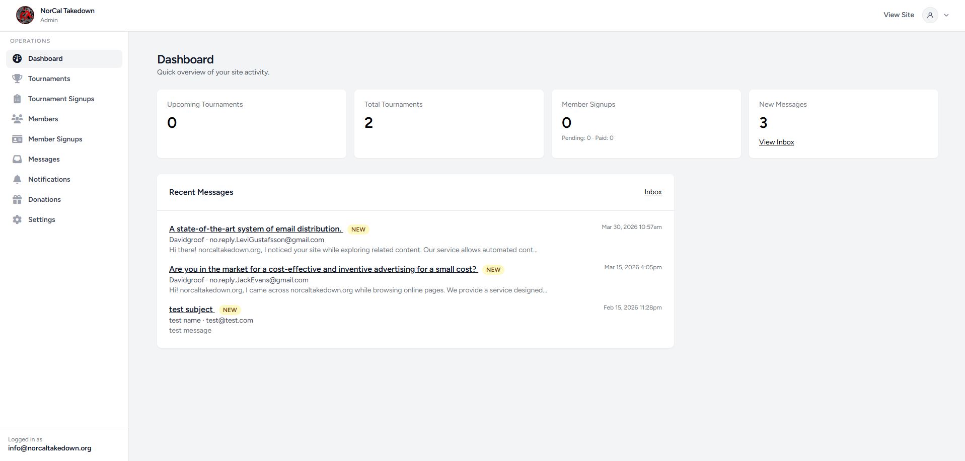 NorCal Takedown admin dashboard screenshot